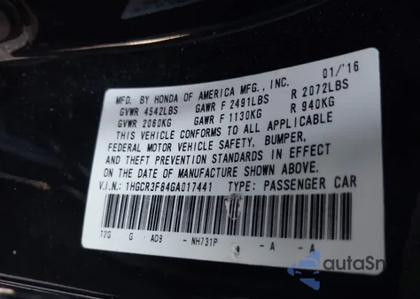 2016 Honda Accord Ex-L V-6 from USA, damaged, VIN 1HGCR3F84GA017441